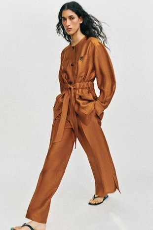 Брюки свободного кроя из смесового льна с разрезами по низу- Заказать в России