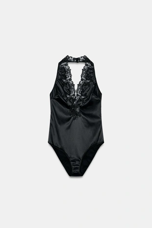 Атласное боди с горловиной халтер и кружевом — Zw Collection- Заказать в России