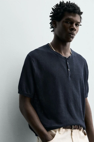 Футболка с воротником на пуговицах из 100% льна- Заказать в России