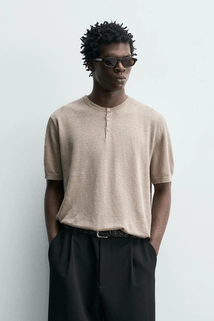 Футболка с воротником на пуговицах из 100% льна