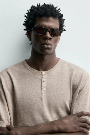 Футболка с воротником на пуговицах из 100% льна- Заказать в России