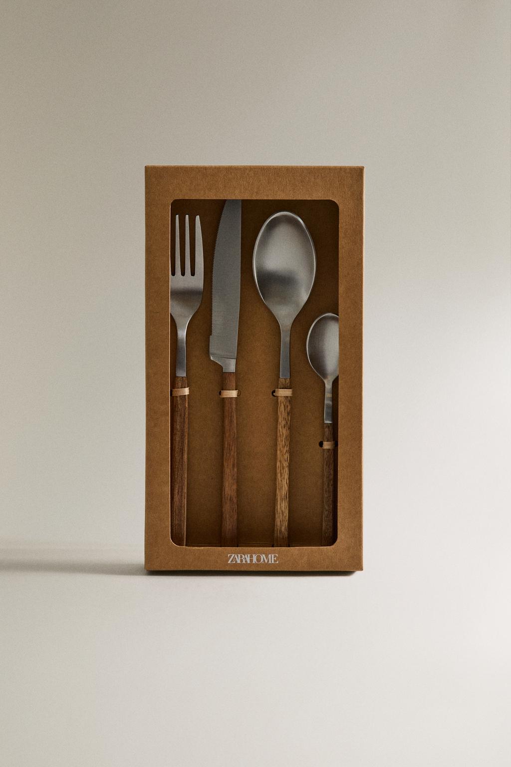 Набор столовых приборов из 4 предметов с деревянной ручкой