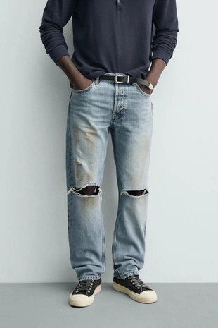 Джинсы Regular Fit винтаж с разрезами- Заказать в России