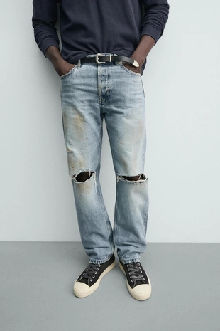 Джинсы Regular Fit винтаж с разрезами- Заказать в России