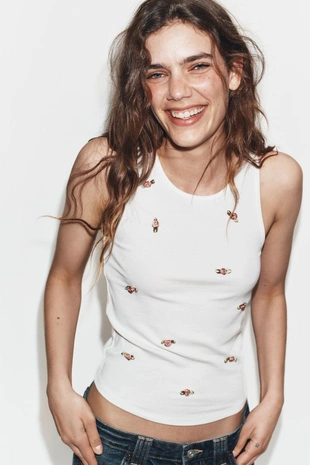 Топ без рукавов с цветочным принтом- Заказать в России