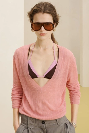 Вязаный льняной джемпер с v-образным вырезом- Заказать в России