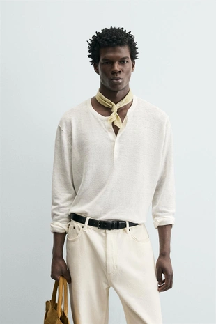 Джемпер из 100% конопли с воротником на пуговицах