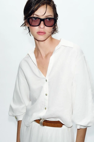 Рубашка из смесового льна с объемными рукавами- Заказать в России