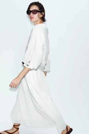 Рубашка из смесового льна с объемными рукавами- Заказать в России