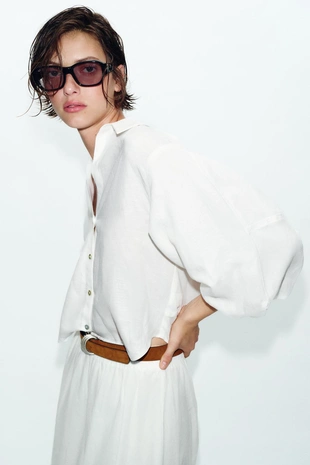 Рубашка из смесового льна с объемными рукавами- Заказать в России