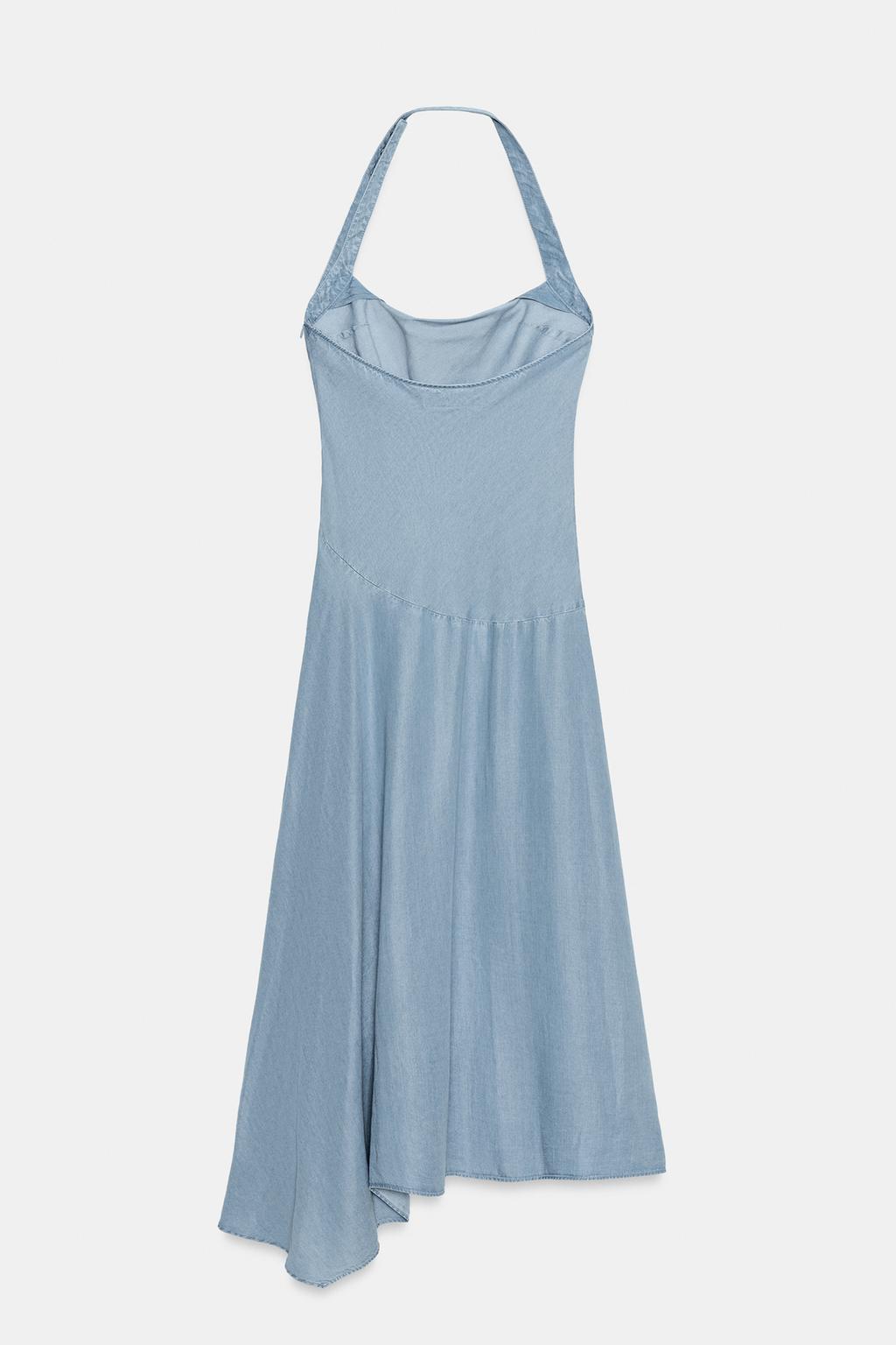 ДЖИНСОВОЕ ПЛАТЬЕ TRF АСИММЕТРИЧНОЕ С ВОРОТНИКОМ ХАЛТЕР