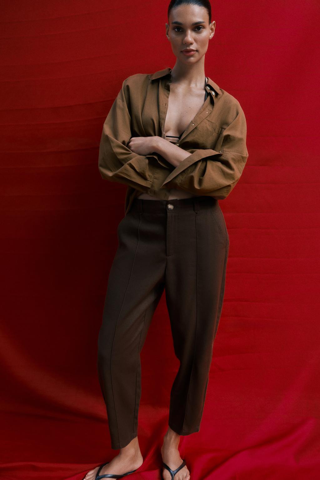 БРЮКИ CARROT FIT С ДЕКОРАТИВНОЙ СТРОЧКОЙ ИЗ ЛЬНА