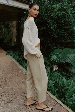 Брюки Carrot Fit из льна с декоративной строчкой- Заказать в России