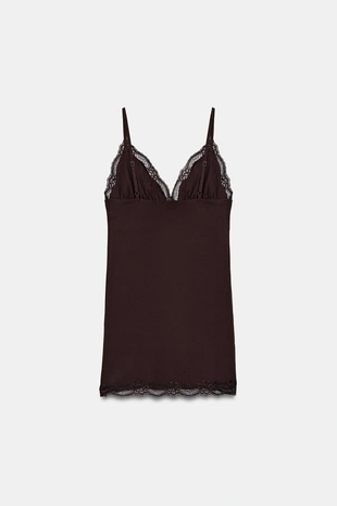 Мини-платье с тонкими бретелями и кружевом- Заказать в России