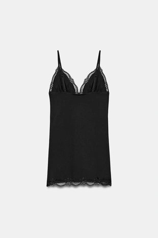 Мини-платье с тонкими бретелями и кружевом- Заказать в России