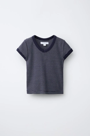 Футболка в рубчик в полоску с V-образным вырезом- Заказать в России
