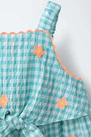 Комбинезон в клетку виши с вышивкой «цветы»- Заказать в России