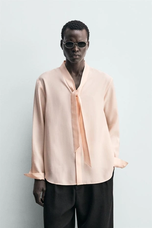 Рубашка струящегося покроя с завязками- Заказать в России