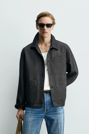 Куртка-рубашка свободного кроя из смесового льна- Заказать в России