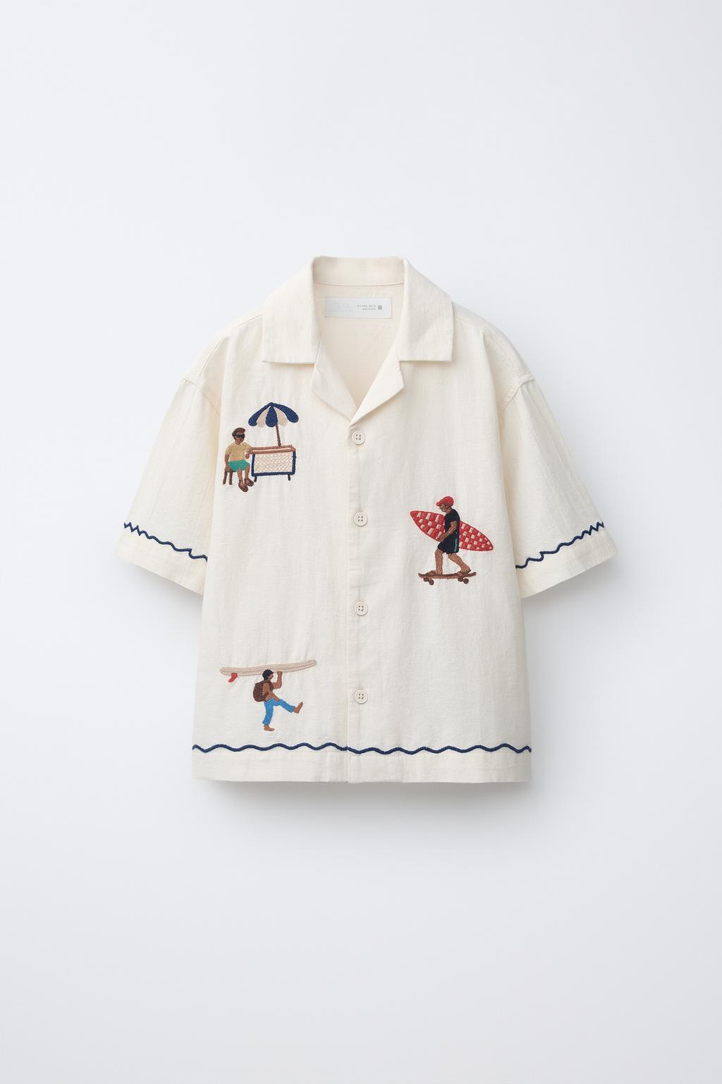 РУБАШКА БОУЛИНГ С ВЫШИВКОЙ ИЗ СМЕСОВОГО ЛЬНА