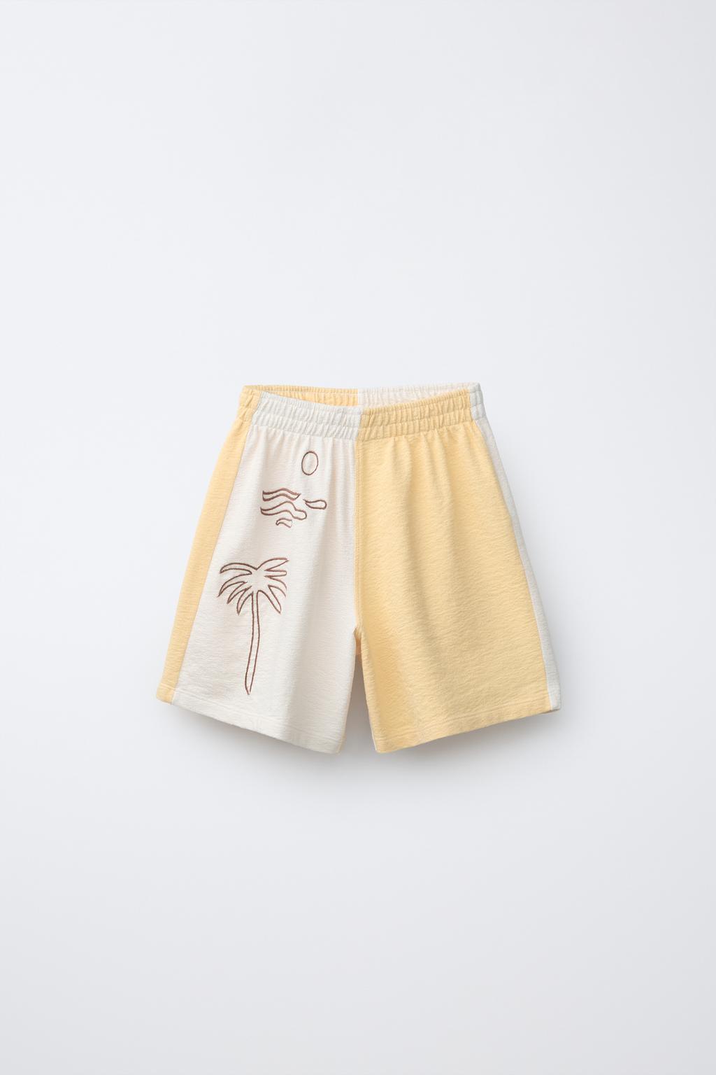 ШОРТЫ ИЗ МАХРОВОЙ ТКАНИ В СТИЛЕ КОЛОР-БЛОК С ВЫШИВКОЙ