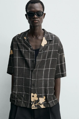 Рубашка из струящейся ткани с комбинированным принтом- Заказать в России