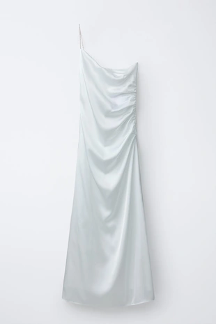 Атласное платье асимметричного кроя со стразами- Заказать в России