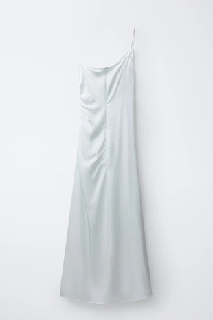 Атласное платье асимметричного кроя со стразами- Заказать в России