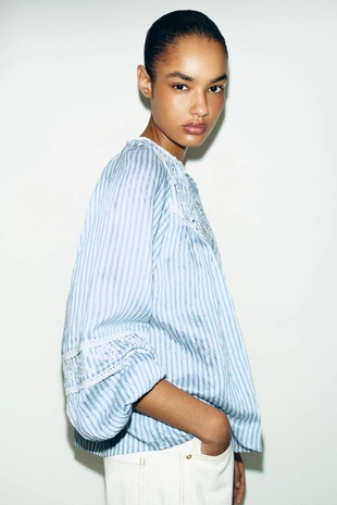 Блуза с вышивкой и полосками- Заказать в России