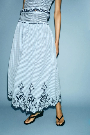 Юбка миди в клетку с вышивкой- Заказать в России