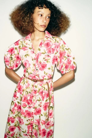 Платье миди с цветочным принтом и ремнем- Заказать в России