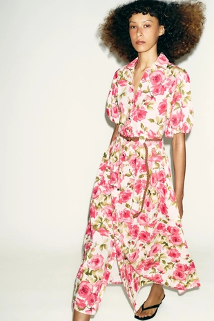Платье миди с цветочным принтом и ремнем- Заказать в России