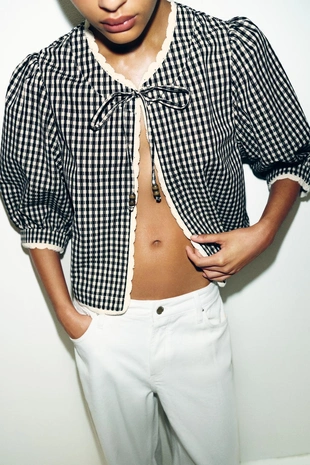 Топ в клетку виши с вязаными элементами- Заказать в России