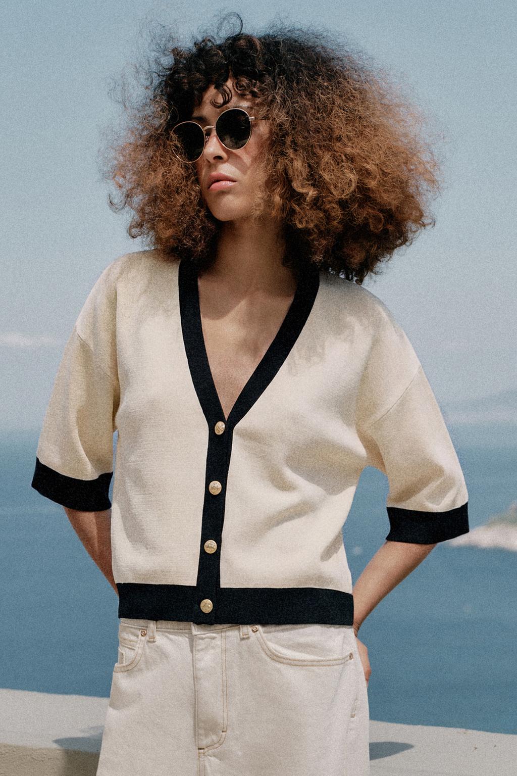 ВЯЗАНЫЙ ЖАКЕТ С КОНТРАСТНОЙ ОТДЕЛКОЙ