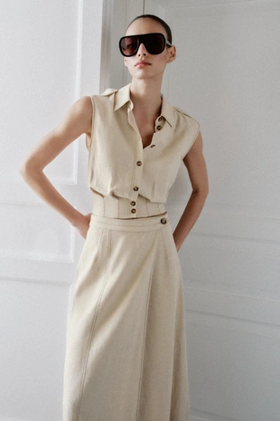 Юбка миди на запах из смесового льна- Заказать в России