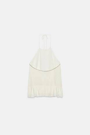 Топ с горловиной халтер, воланами и заклепками- Заказать в России