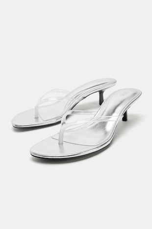 Босоножки на каблуке с металлическим блеском- Заказать в России