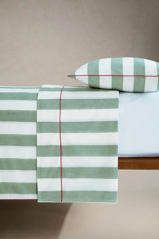 Простынь из мятного хлопка с полосками- Заказать в России