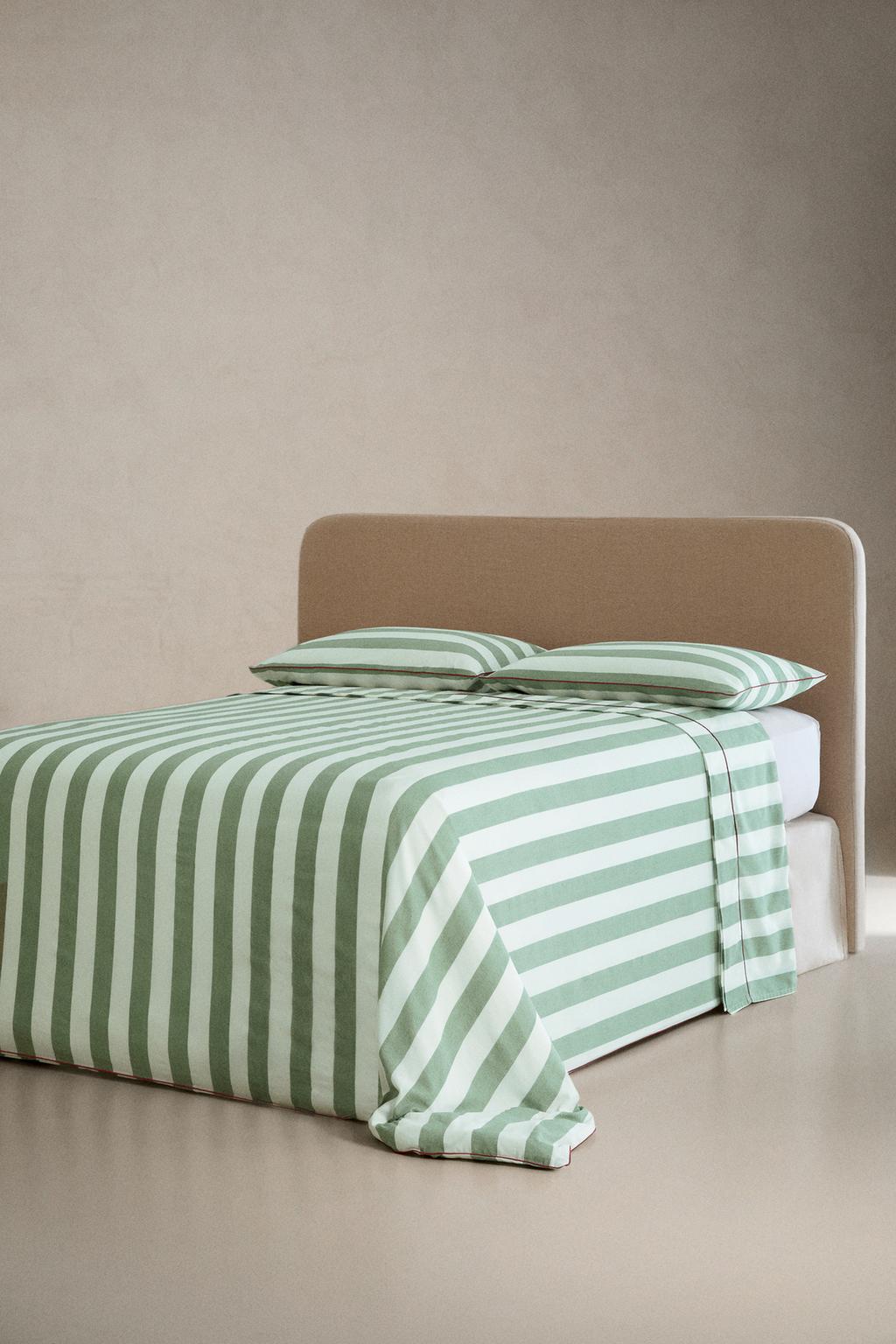 Простынь из мятного хлопка с полосками