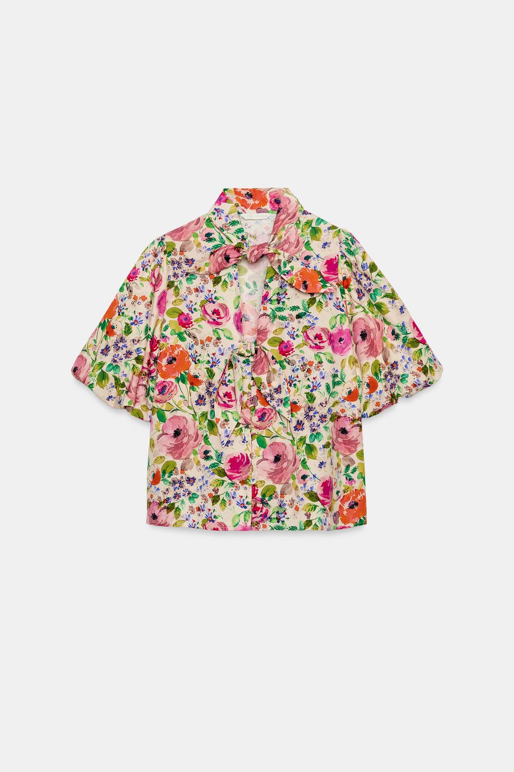 РУБАШКА ИЗ ХЛОПКА С ЦВЕТОЧНЫМ ПРИНТОМ И ЗАВЯЗКАМИ