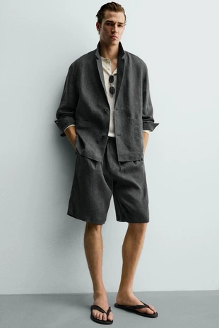 Бермуды из 100% льна с защипами- Заказать в России