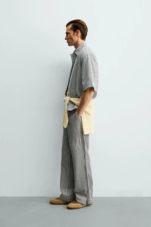 Брюки в полоску из хлопка и льна- Заказать в России