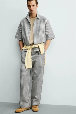 Брюки в полоску из хлопка и льна- Заказать в России