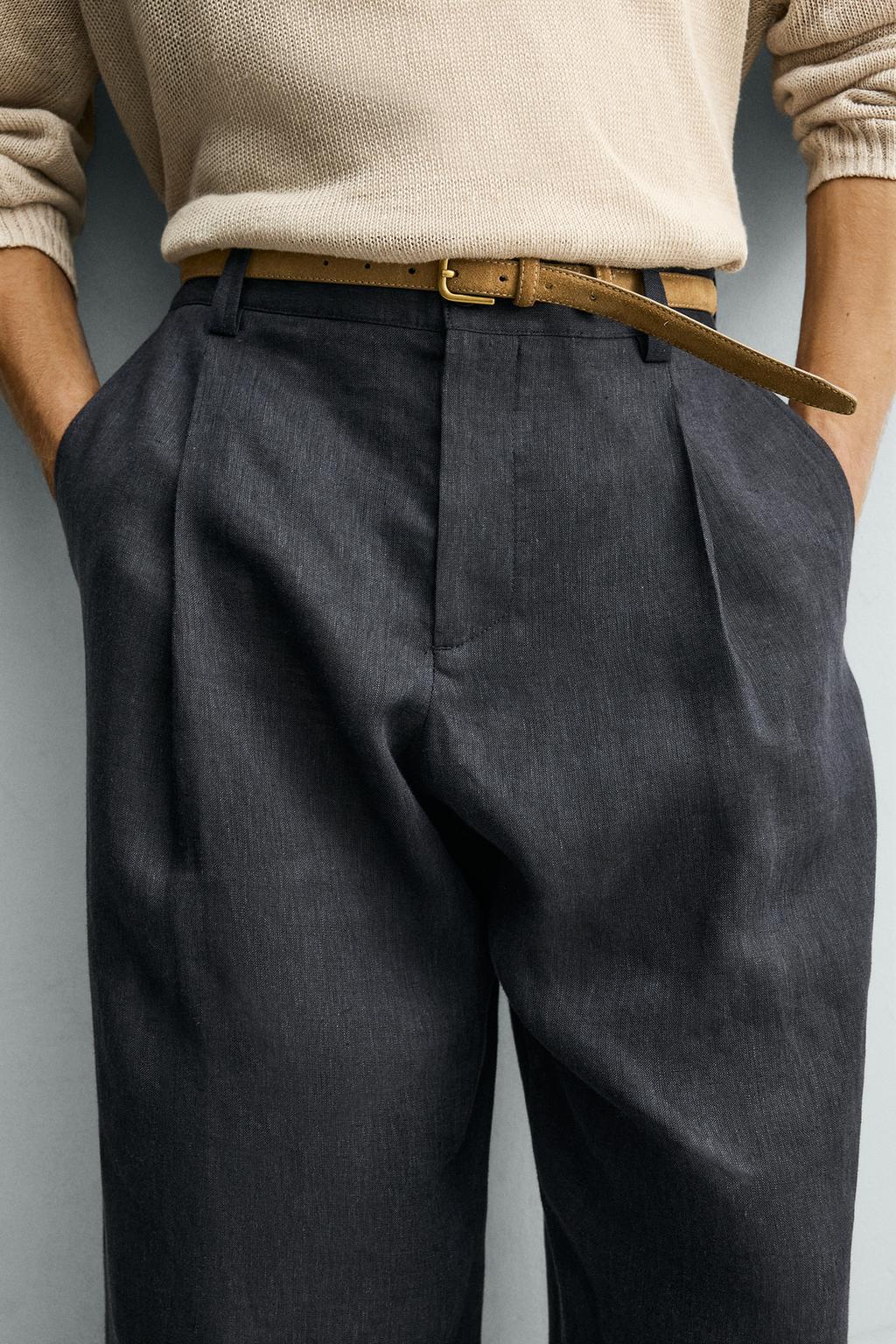 БРЮКИ ИЗ 100% ЛЬНА С ЗАЩИПАМИ