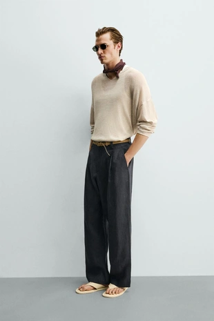 Брюки из 100% льна с защипами- Заказать в России