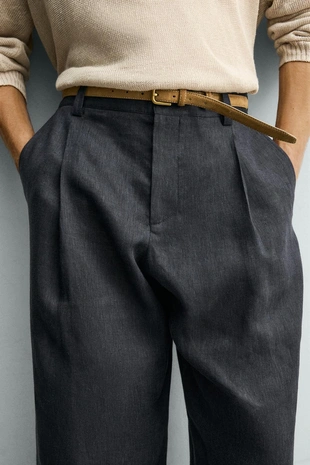 Брюки из 100% льна с защипами- Заказать в России