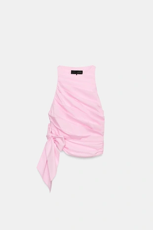 Топ из поплина с горловиной халтер, складками и завязками- Заказать в России