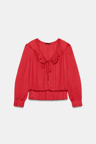 Атласная блуза с воланами и подплечниками- Заказать в России