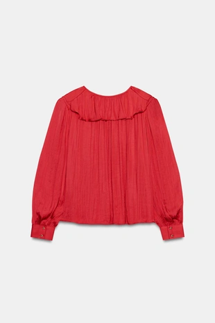 Атласная блуза с воланами и подплечниками- Заказать в России