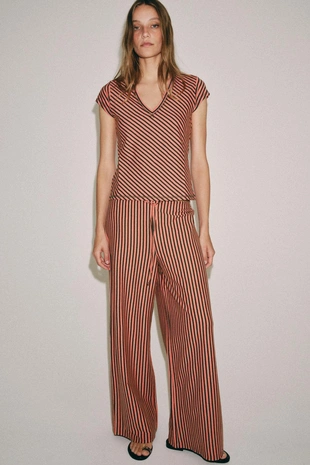 Брюки в полоску из смесового льна- Заказать в России